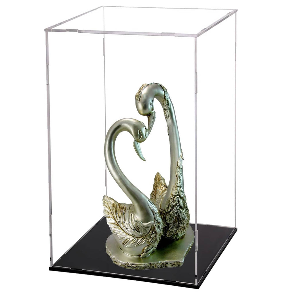 Clear acrylic display case with black base, holding a swan figurine