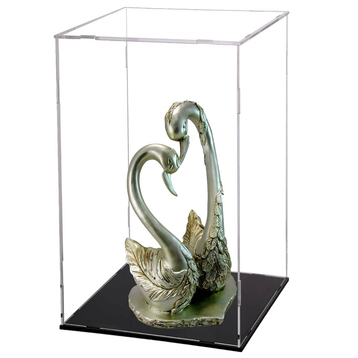 Clear acrylic display case with black base, holding a swan figurine