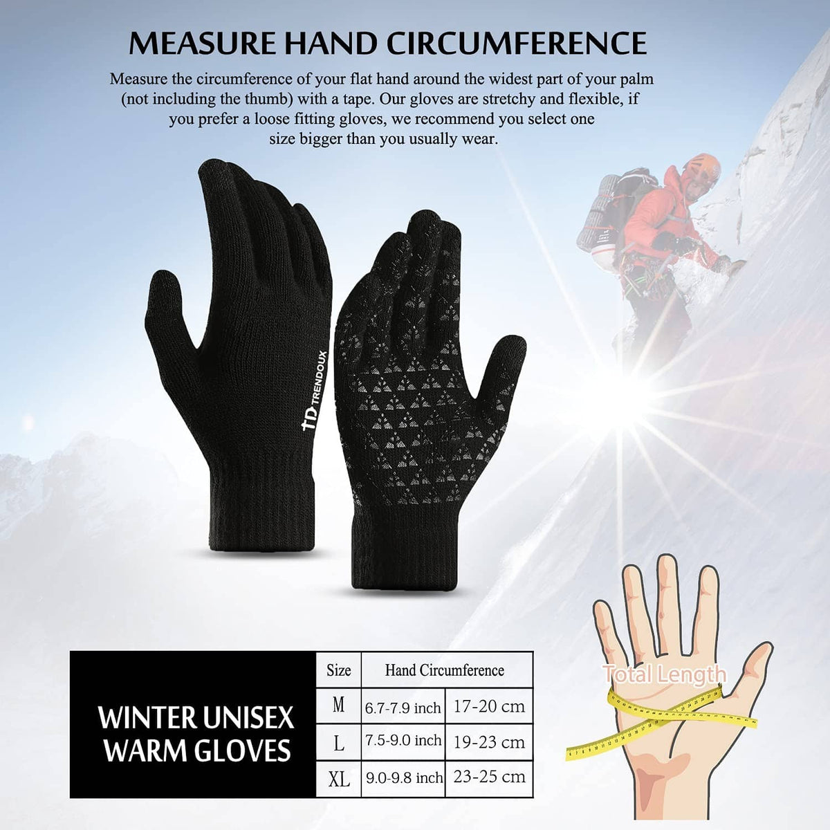 Black winter knit gloves with elastic cuff and touch screen fingertips