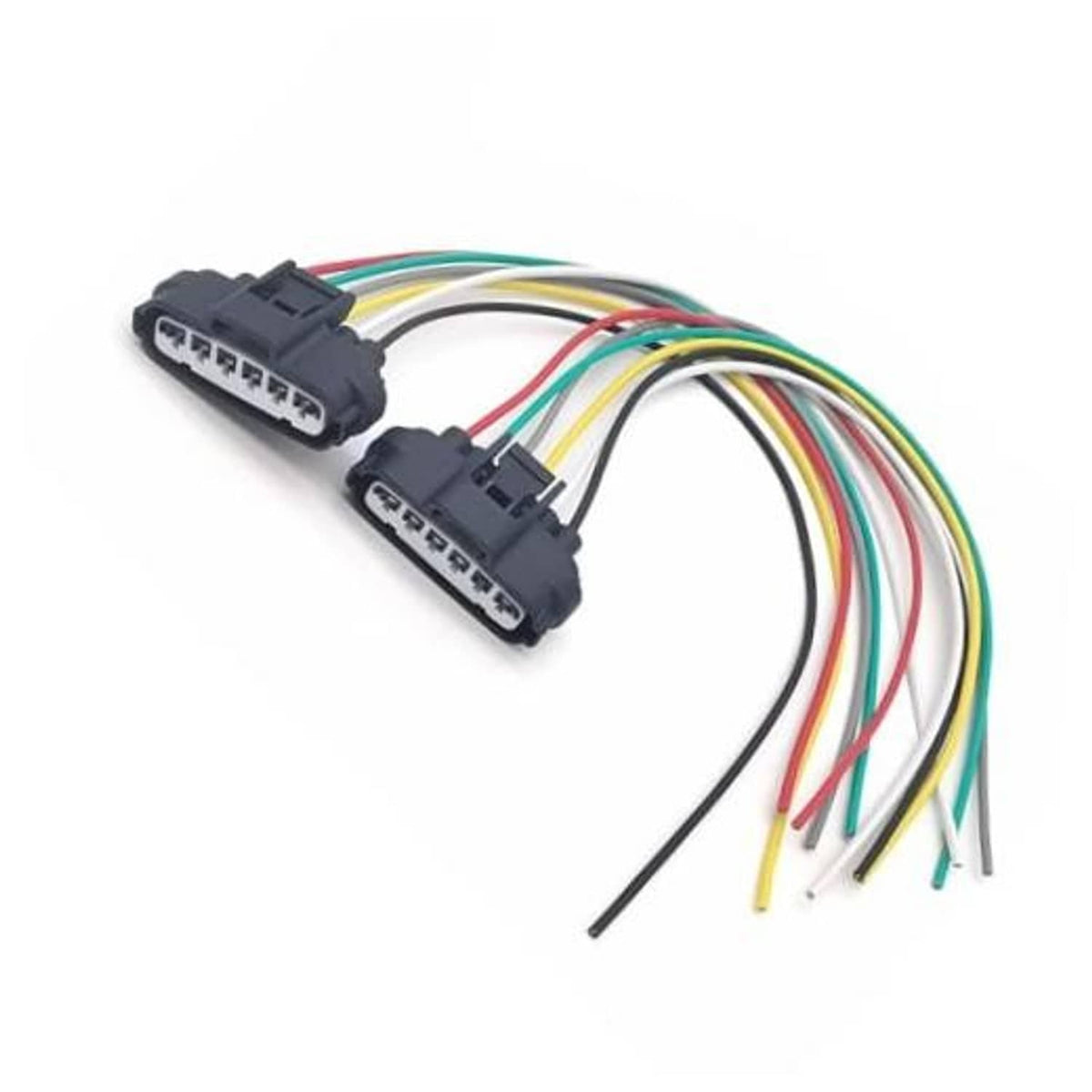 6-pin wiring harness plug pair with black connectors and multicolor wire leads