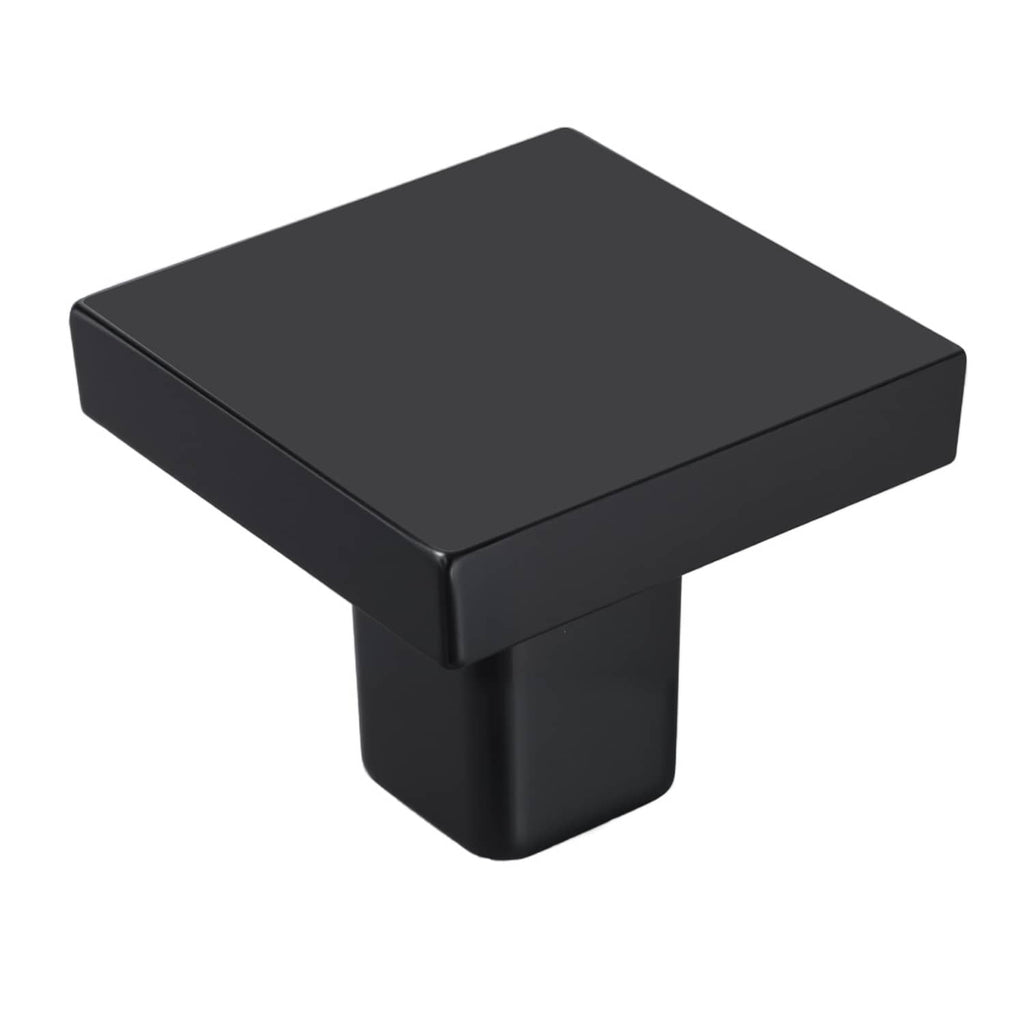 Square black cabinet knob with short cylindrical base, front 3/4 angle