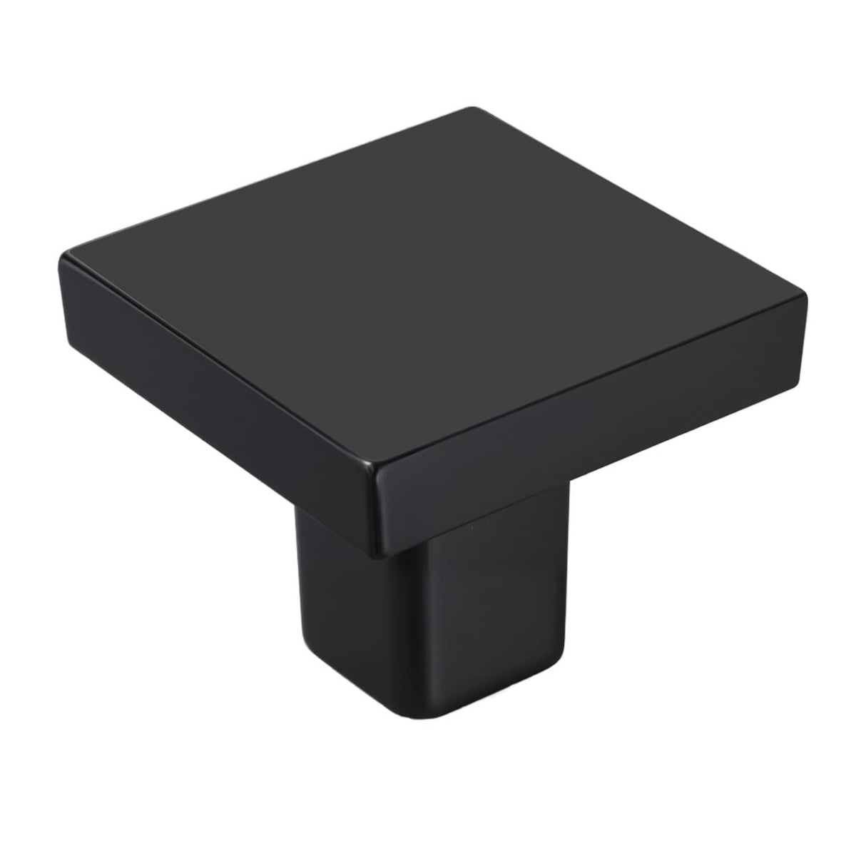 Square black cabinet knob with short cylindrical base, front 3/4 angle