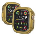 Two front views: gold protective watch case with black band for Apple Watch Ultra 49mm.