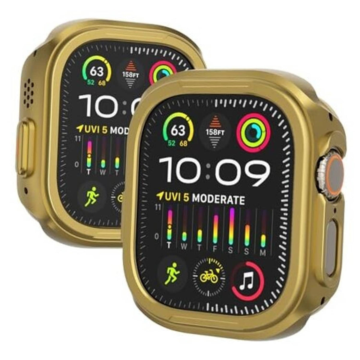 Two front views: gold protective watch case with black band for Apple Watch Ultra 49mm.