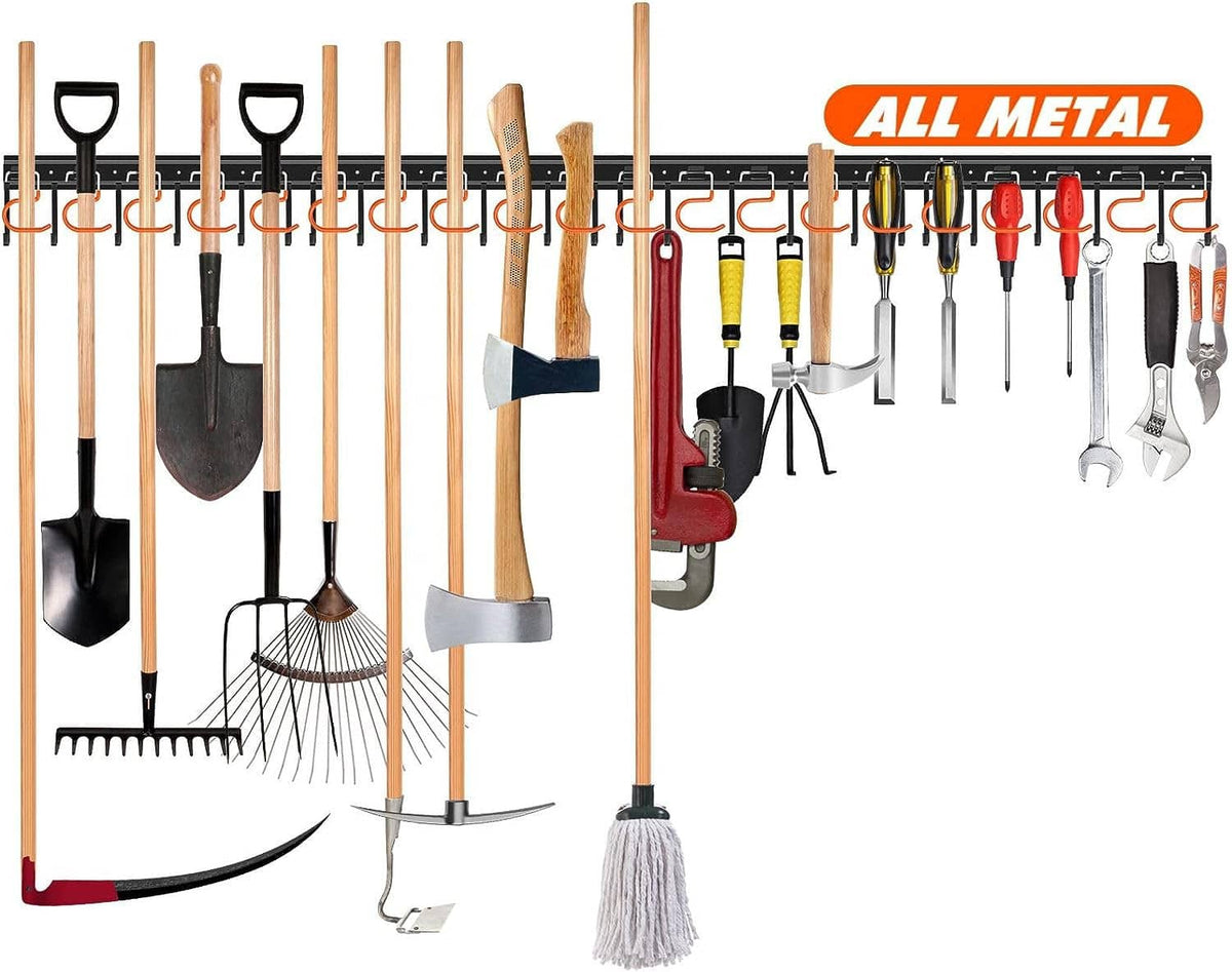 All-metal wall mount tool organizer with rows of orange hooks and hanging garden tools