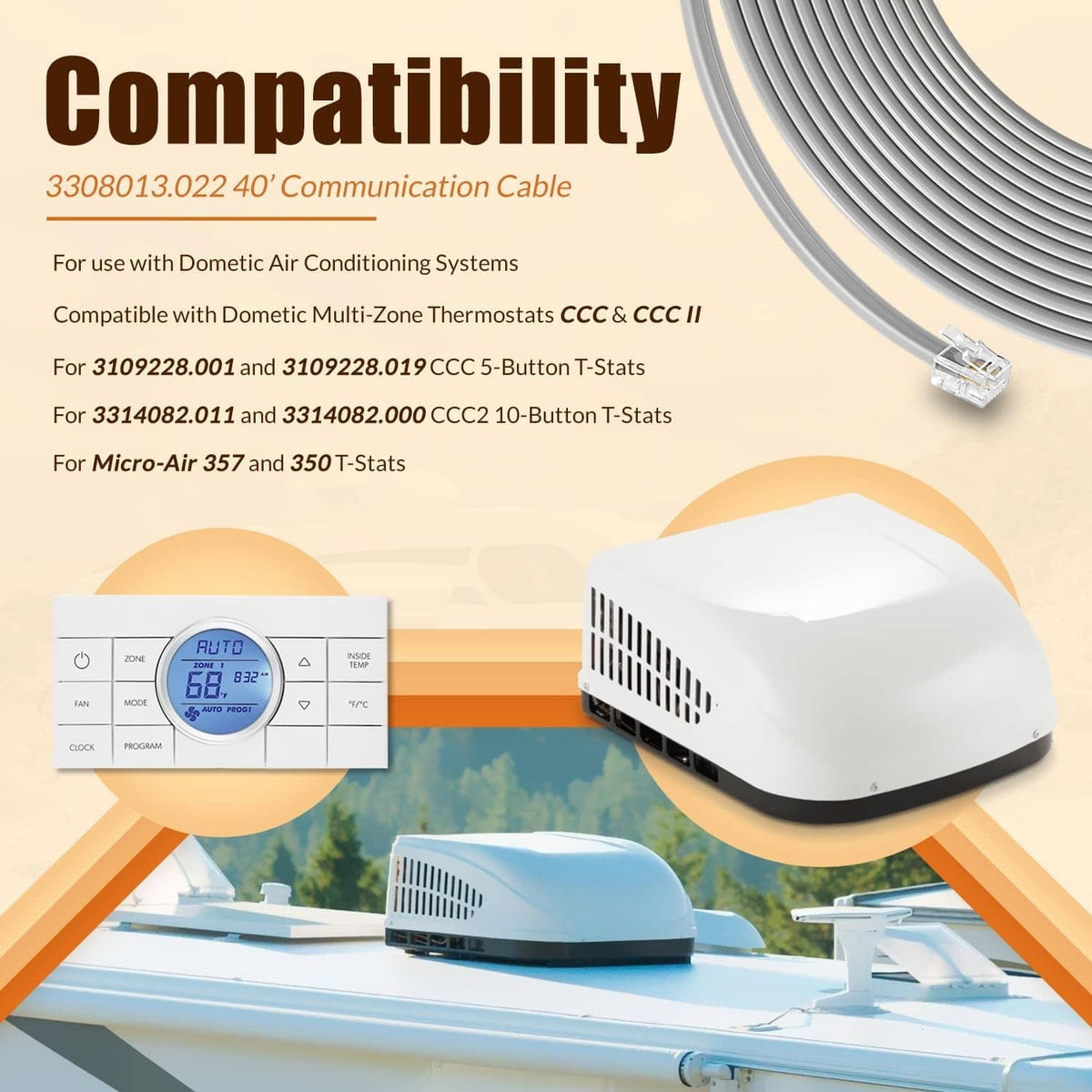 RV air conditioner communication cable with gray wiring and RJ-11 connector tips