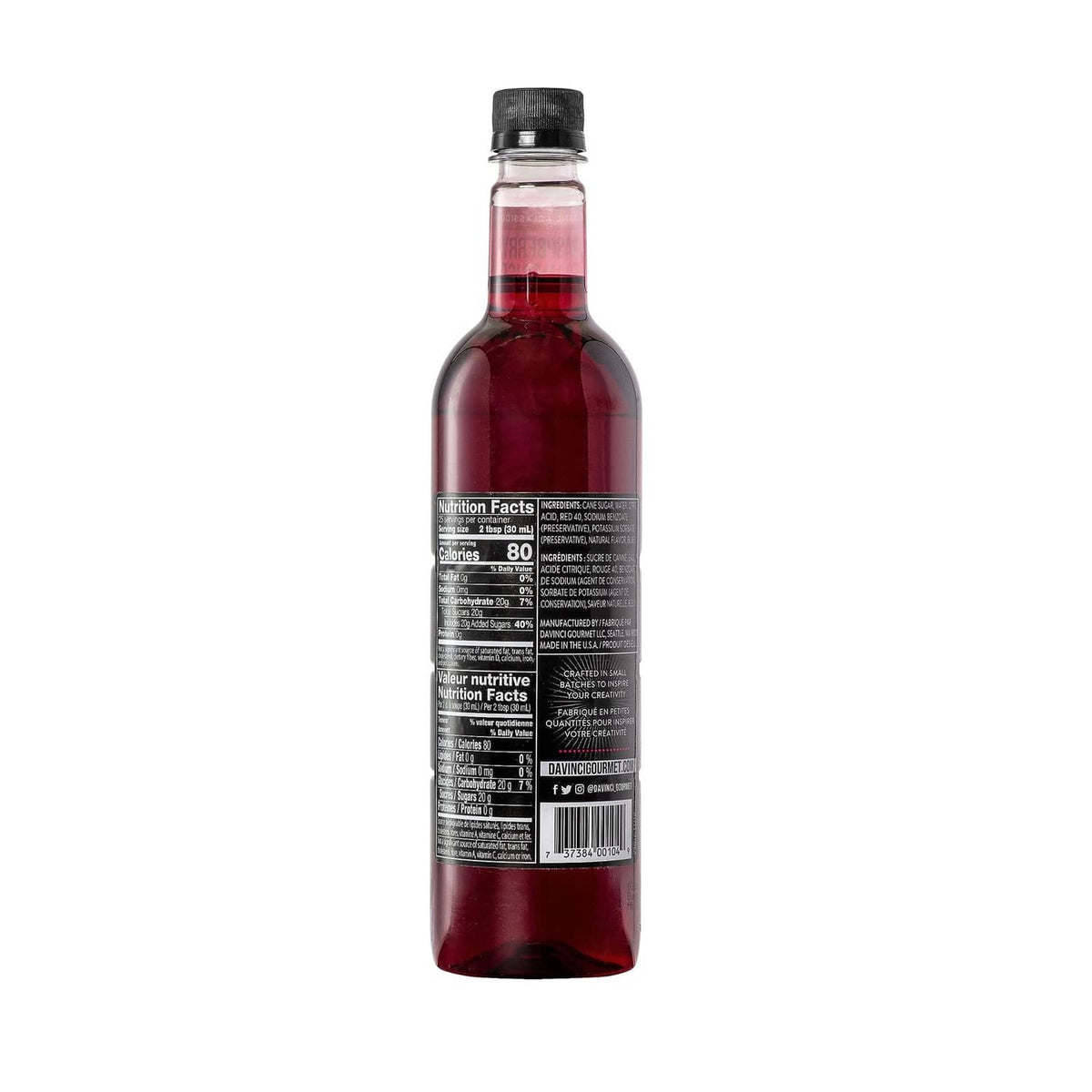 DaVinci Gourmet raspberry syrup bottle, back label with nutrition facts and barcode