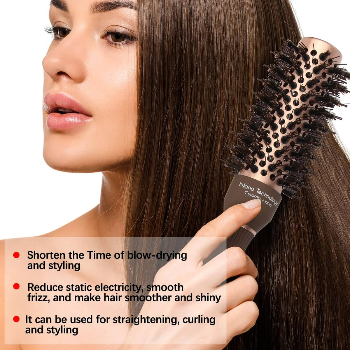 Round blow-dry brush held against long hair; bristle barrel close-up with styling tips