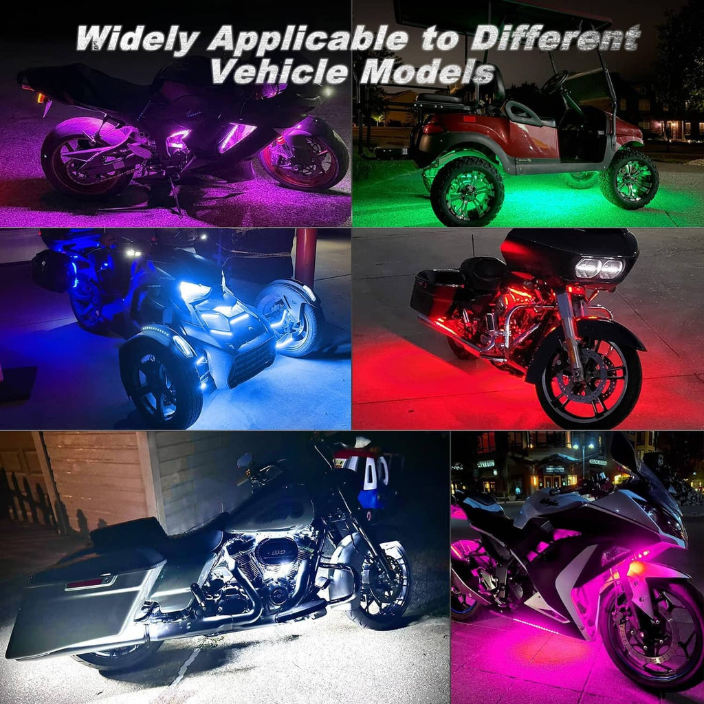 RGB LED light kit showing multi-color glow on motorcycles and road scenes