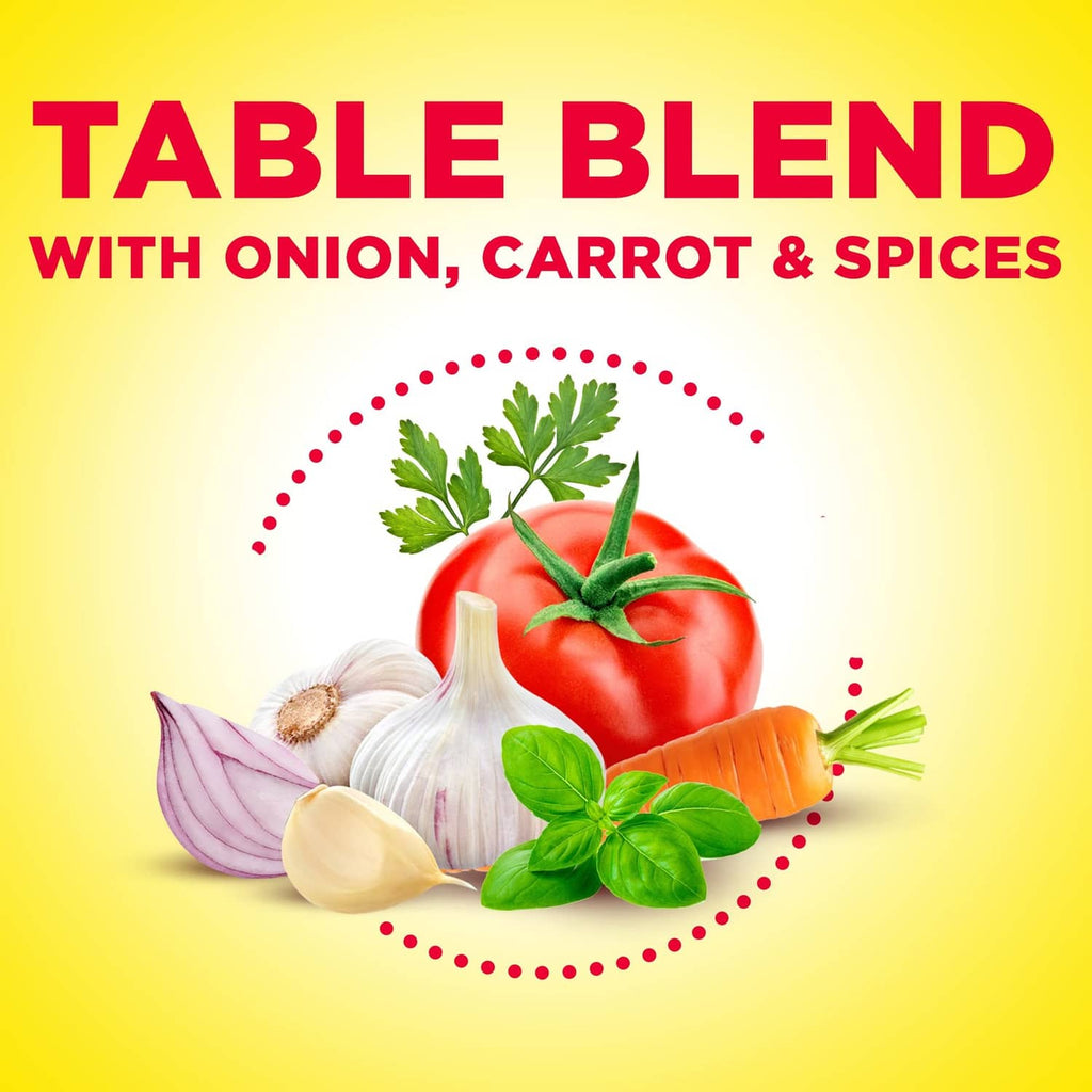 Table blend seasoning label with onion, carrot, and spice illustration circle.