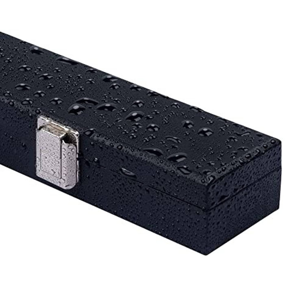 Dark textured billiard cue hard case with metal latch close-up