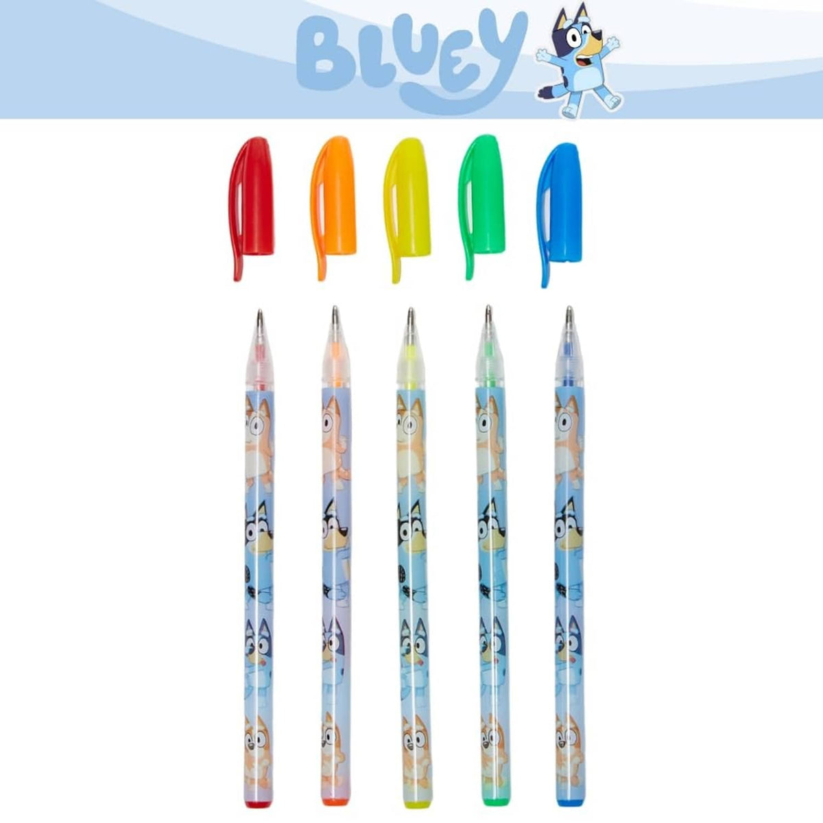 Five Bluey gel pens with red, orange, yellow, green, and blue colored caps
