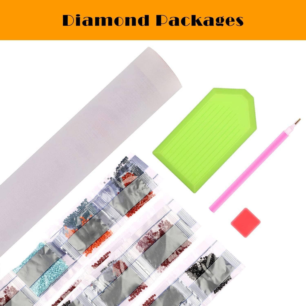 Diamond painting kit packaging with sealed color bags, a green tray, and a pink applicator pen