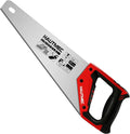 Hand saw tool with silver blade and red-and-black handle for wood cutting