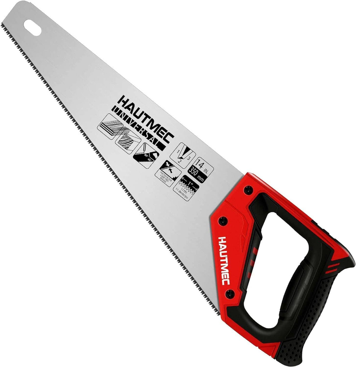 Hand saw tool with silver blade and red-and-black handle for wood cutting