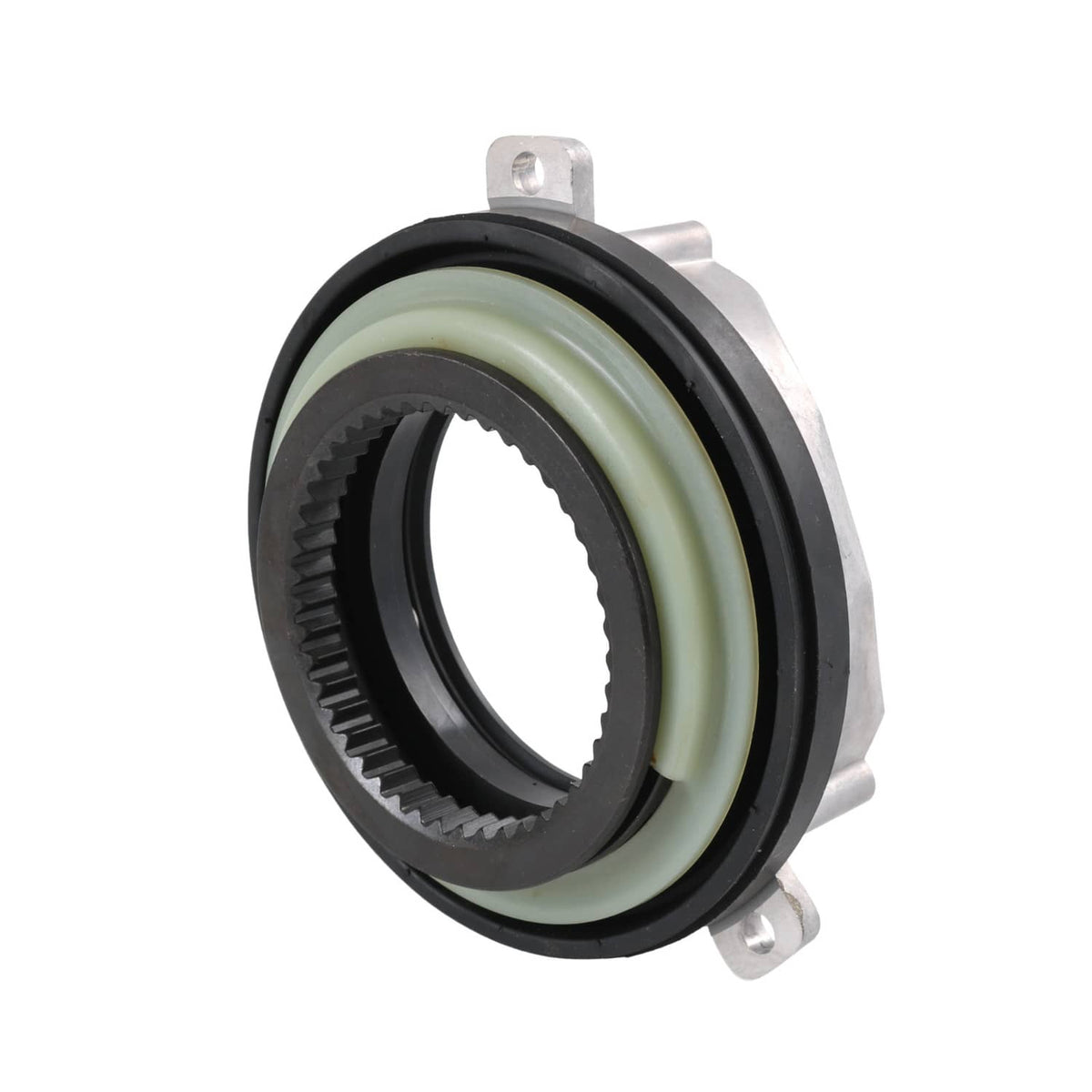 Axle locking hub actuator assembly with light green seal, black outer ring, mounting bracket