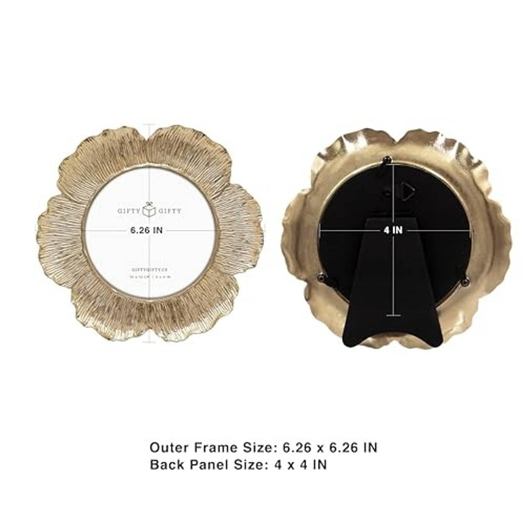 Gold circular floral photo frame shown front and back with 4 in back panel.