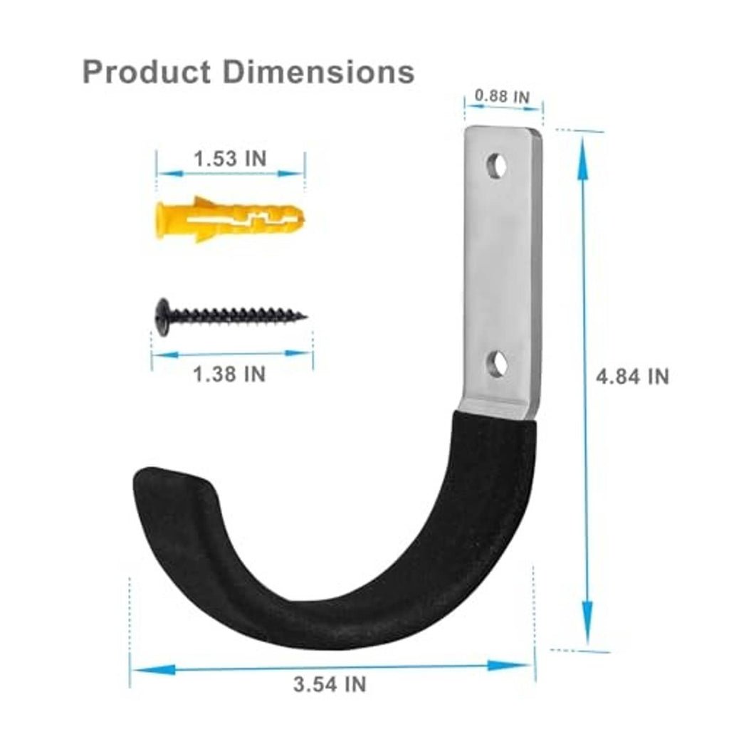 Black U-shaped utility hook with silver mounting bracket and measured dimensions