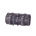 Black leather-style cylindrical bag with metal buckles and wraparound straps