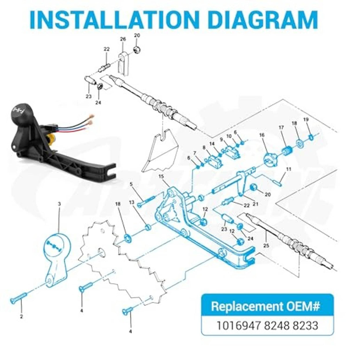 Forward and reverse shifter installation diagram showing components and replacement hardware