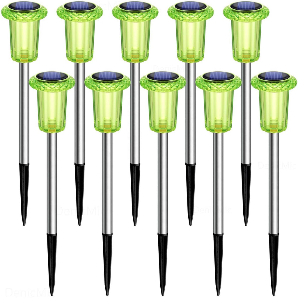 Set of 10 green solar stake lights with transparent lamp heads and spike bases