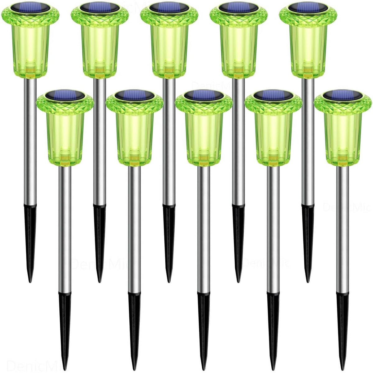 Set of 10 green solar stake lights with transparent lamp heads and spike bases