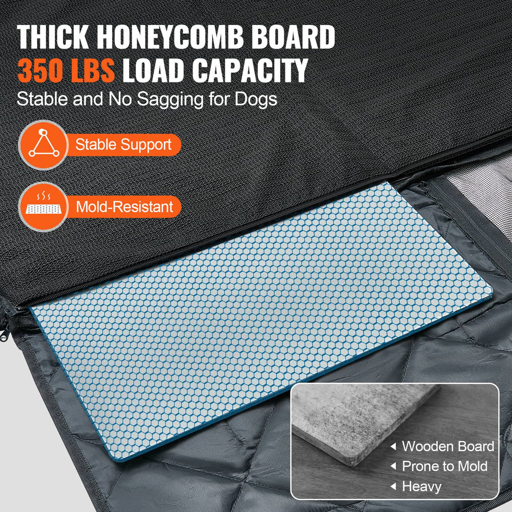 Close-up of black dog seat cover edge with blue honeycomb insert and reinforced seam