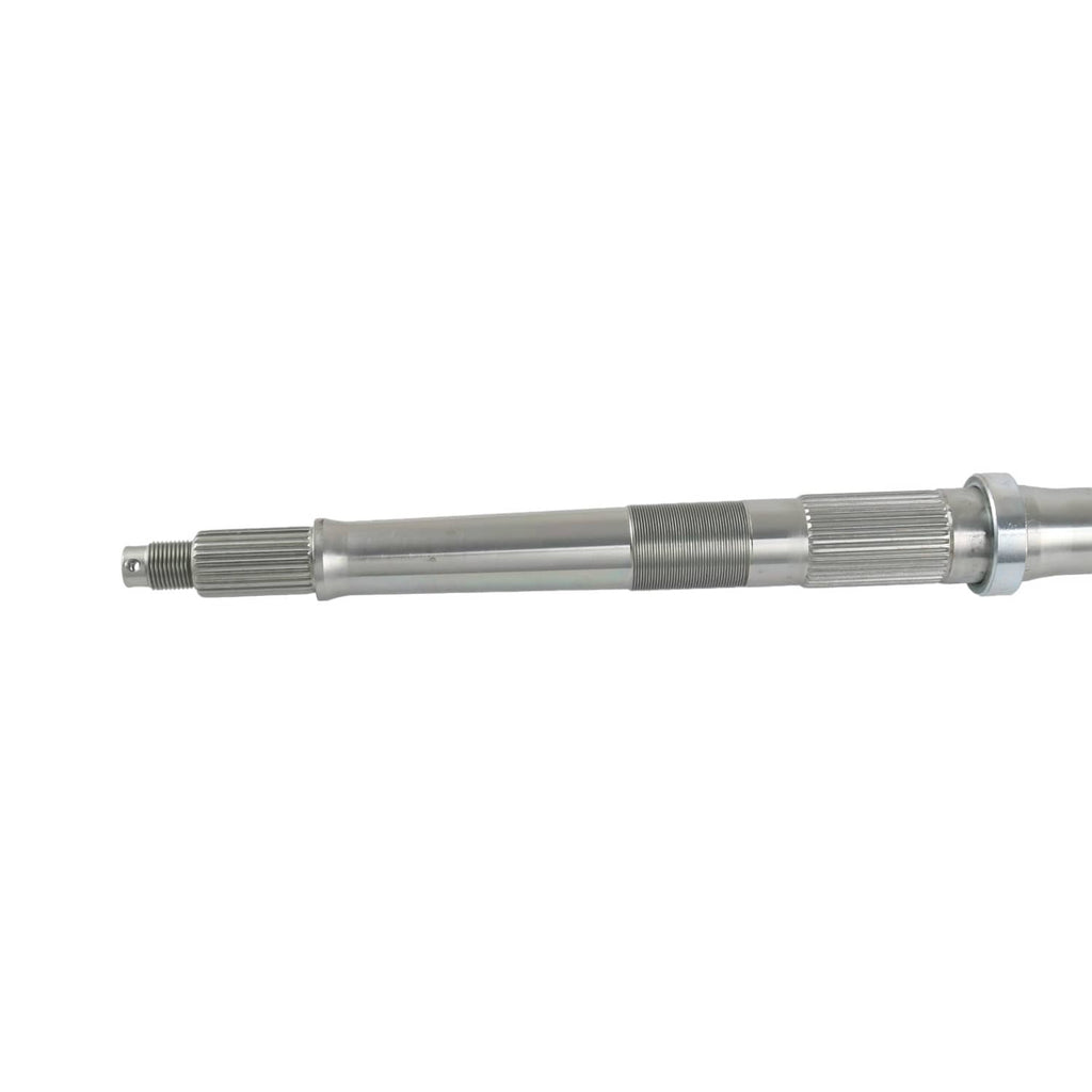 Rear axle shaft close-up with ribbed bearing journal and splined coupling end