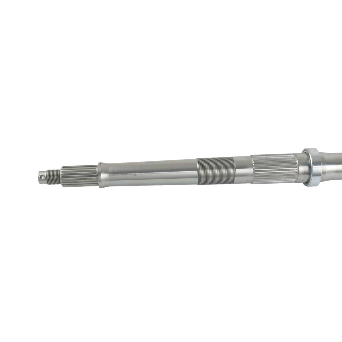 Rear axle shaft close-up with ribbed bearing journal and splined coupling end
