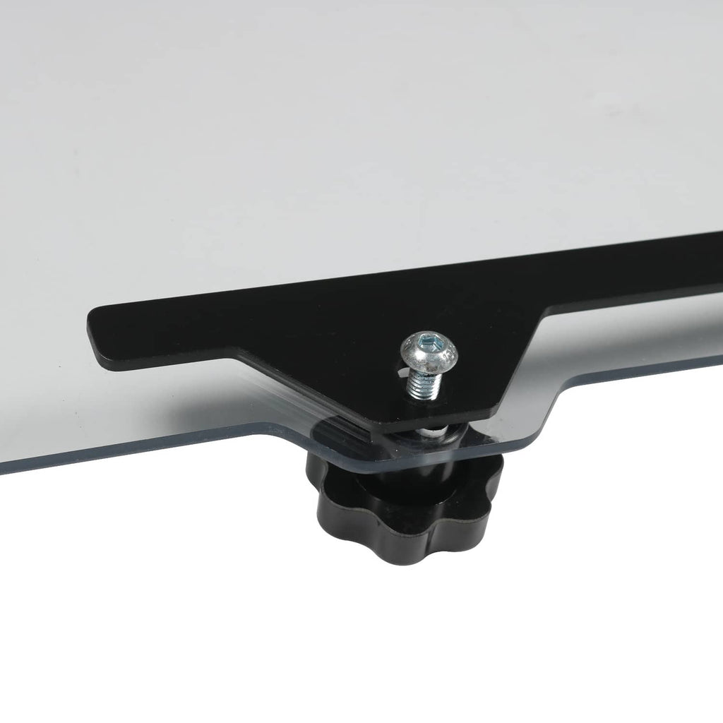 Rear sliding windshield panel corner detail with black clamp and silver bolt
