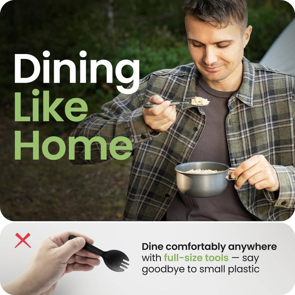 Portable 4-in-1 camping utensil for outdoor dining with spoon and fork