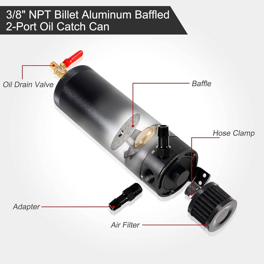Black oil catch can with internal baffle, 2-port adapters, and red drain valve