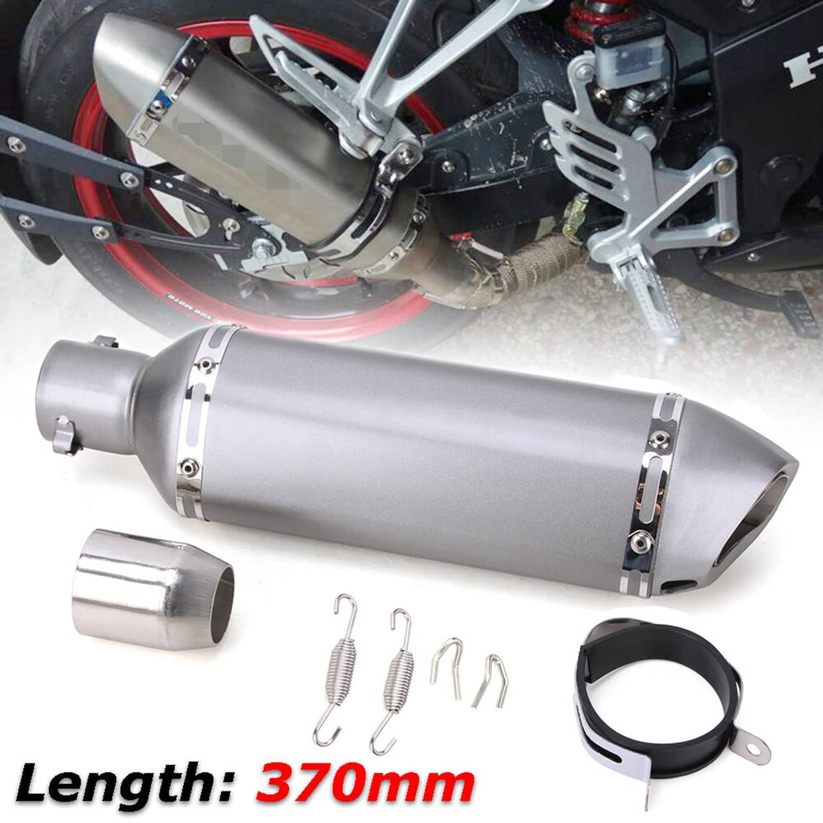 Motorcycle exhaust muffler installed on bike, silver canister with mounting bracket