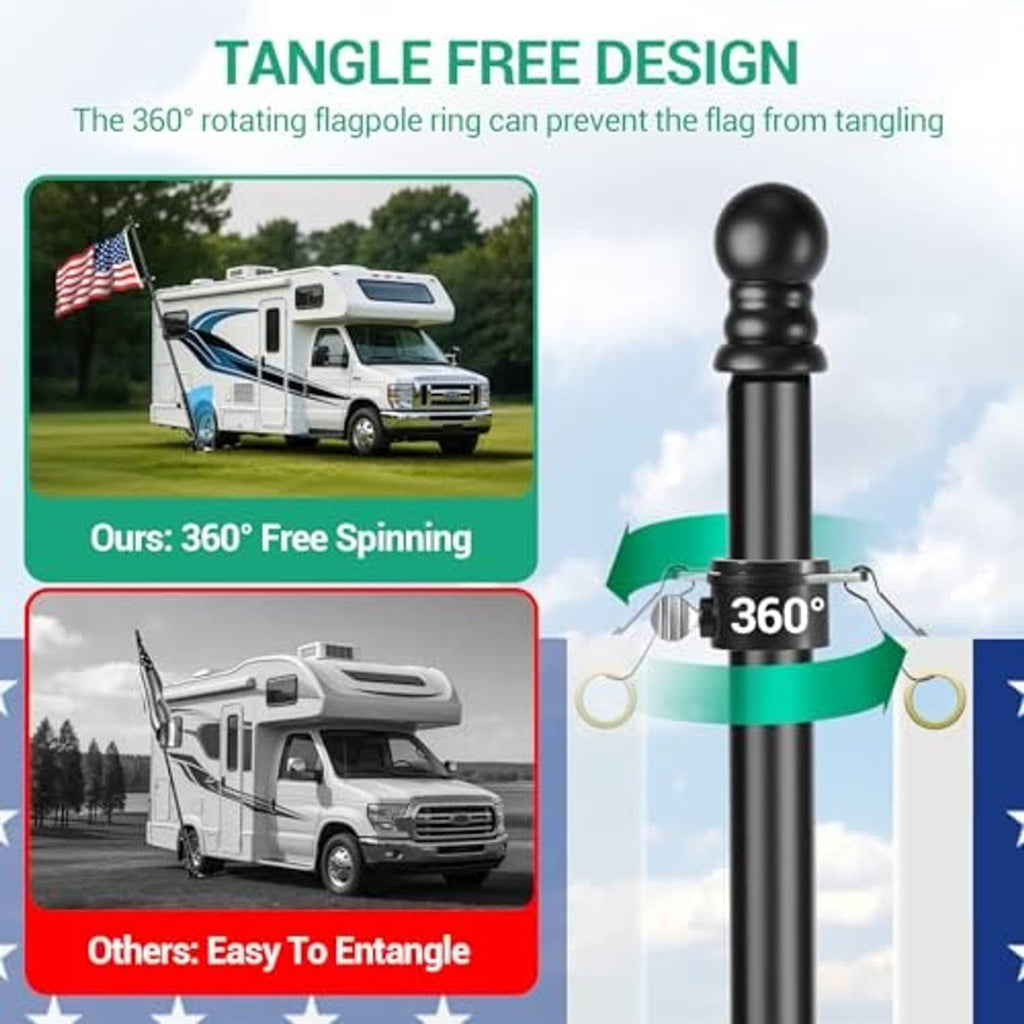 Tangle-free flag pole top with 360-degree spinning cap and curved rotation arrows