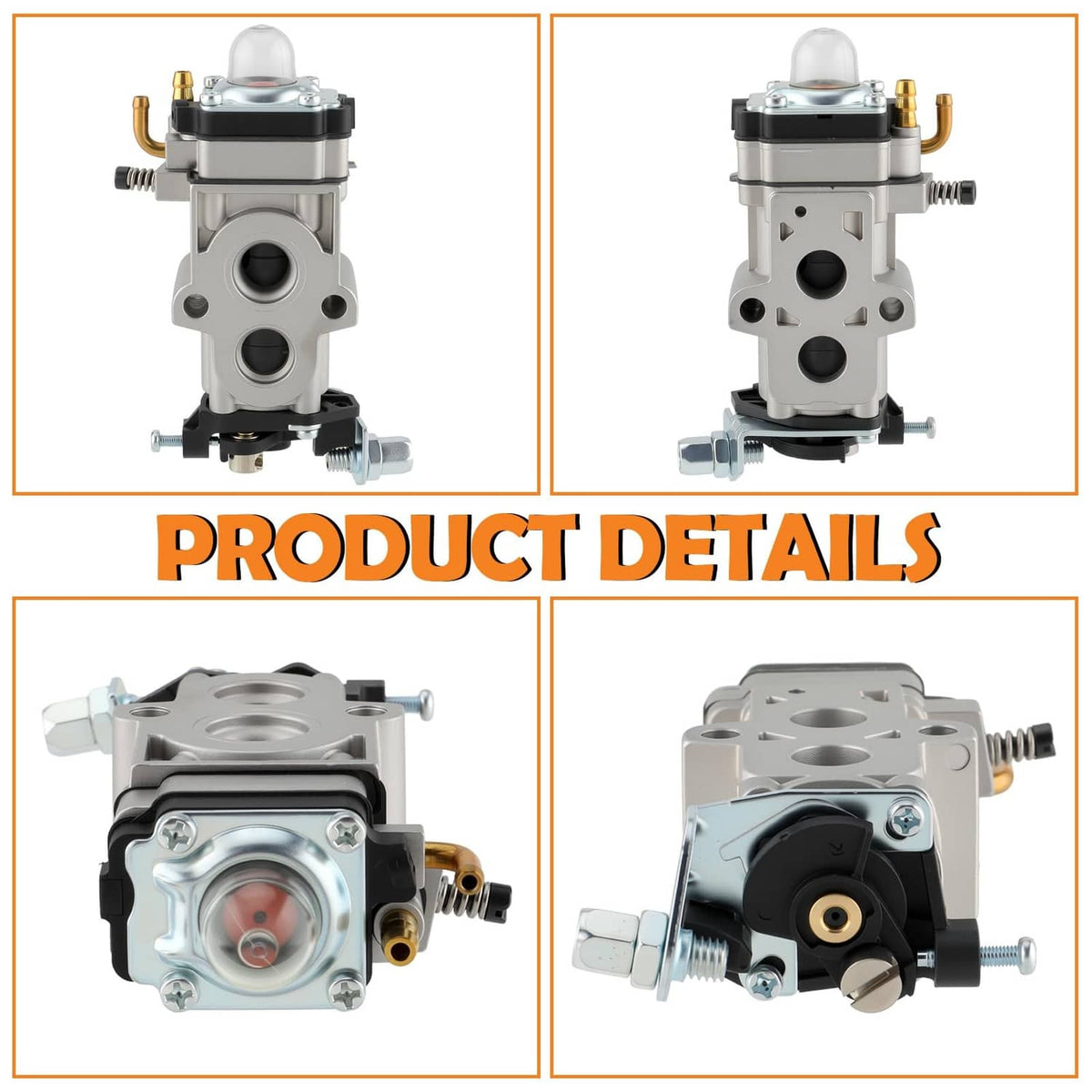 Carburetor front and side views with screw-mount base and hose connections