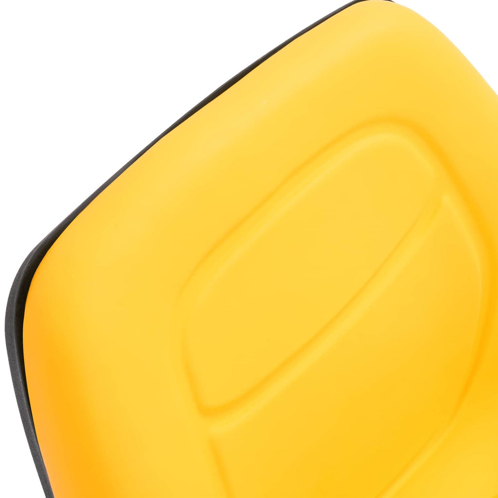 Close-up of yellow plastic seat side with molded detail and black border
