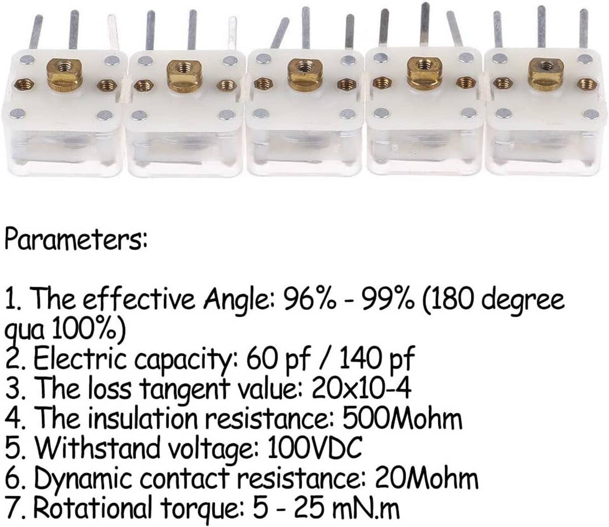 Five duplex radio variable capacitors lined up with gold terminals and pin leads