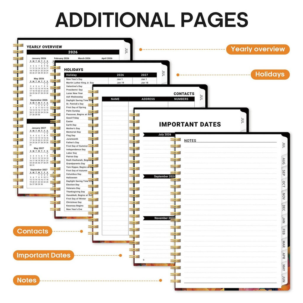 Planner additional pages with yearly overview, contacts, and important dates sections