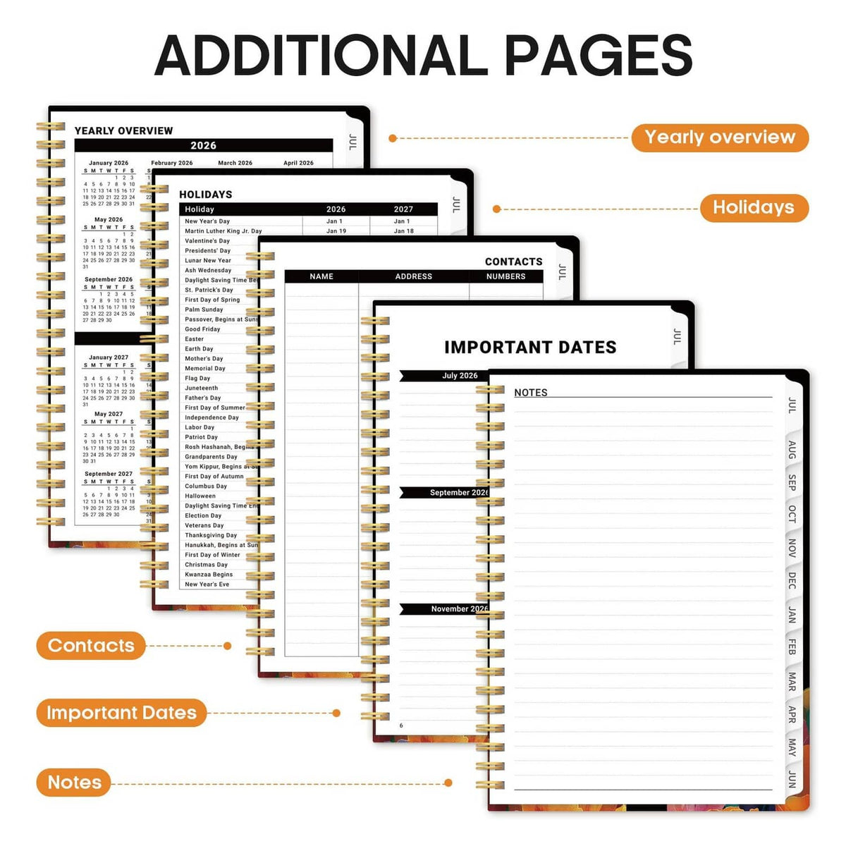 Planner additional pages with yearly overview, contacts, and important dates sections