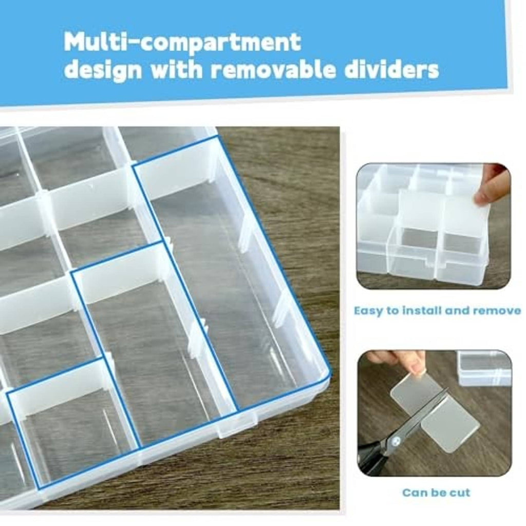Clear organizer box with removable dividers and separate compartment sections