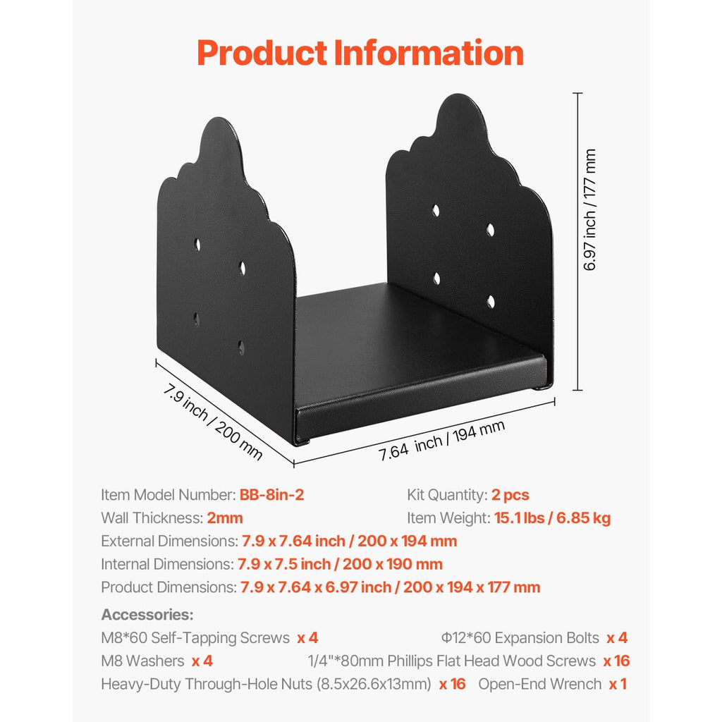Two black steel fence post base brackets with 7.9 in x 7.7 in mounting deck