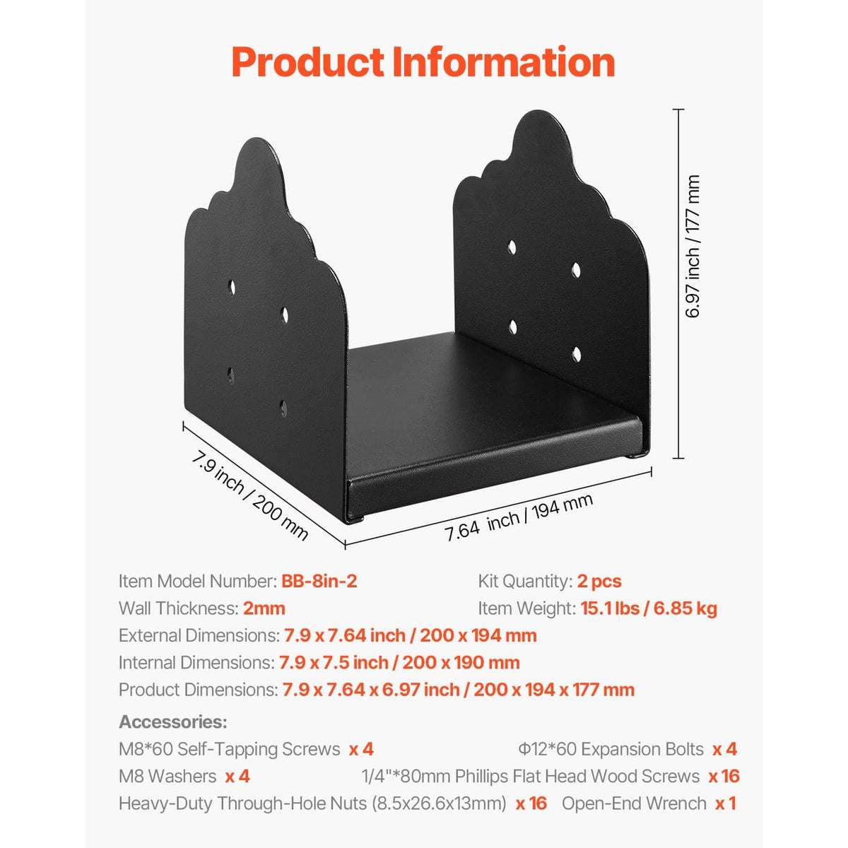 Two black steel fence post base brackets with 7.9 in x 7.7 in mounting deck