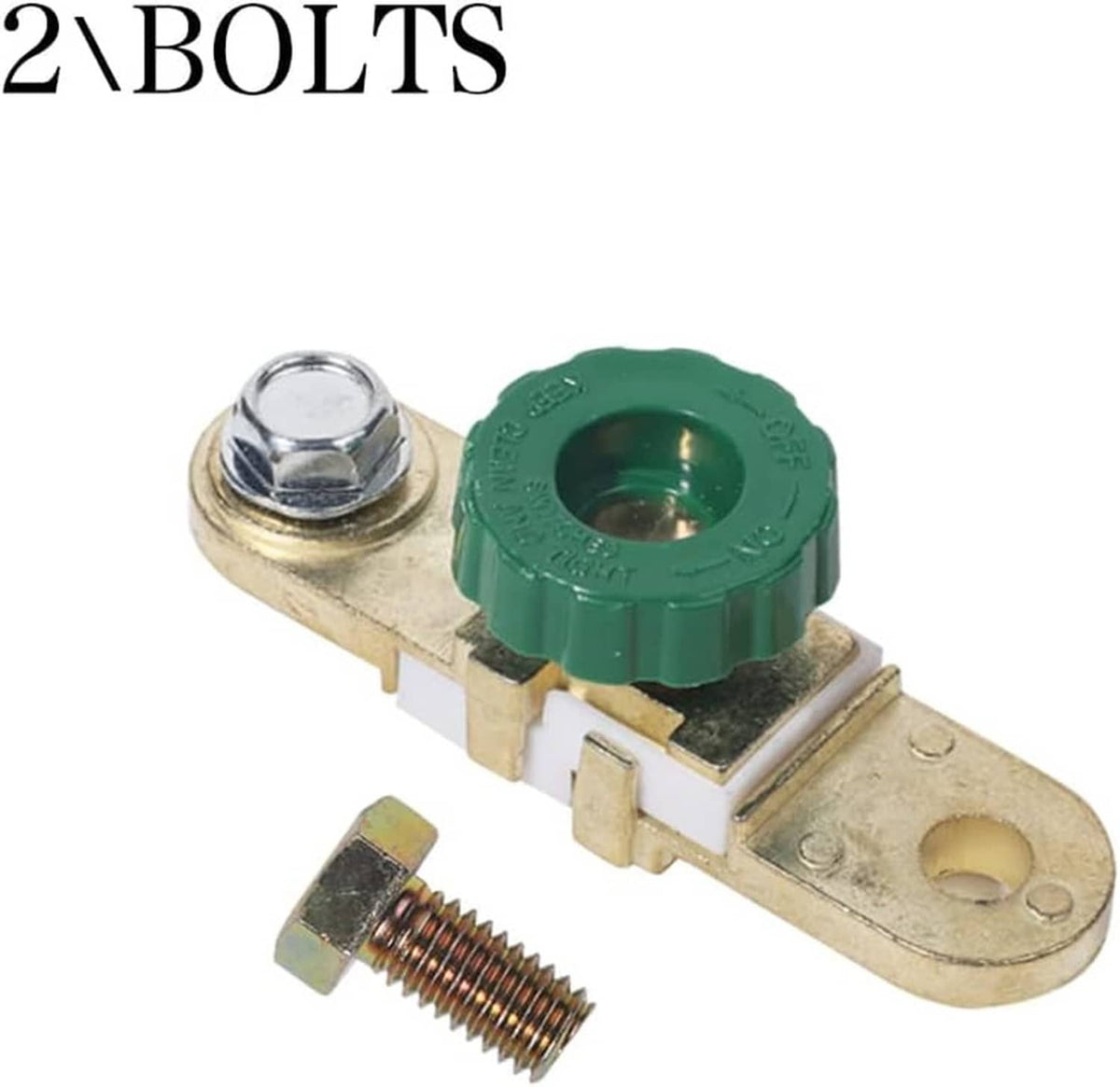 Car battery terminal disconnect switch with green knob, brass base, and 2 bolts