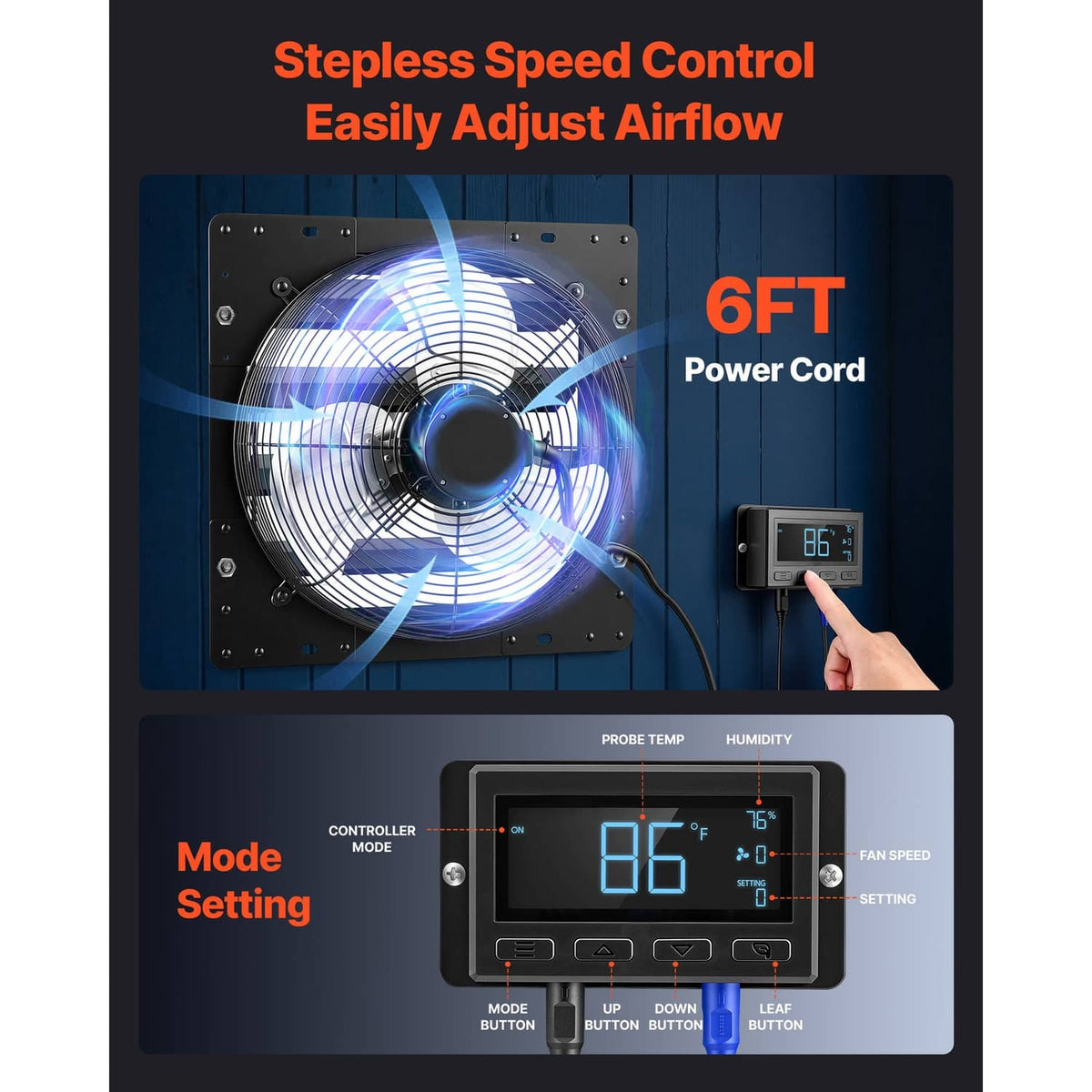 Wall-mounted exhaust fan with speed controller display and adjustable airflow controls