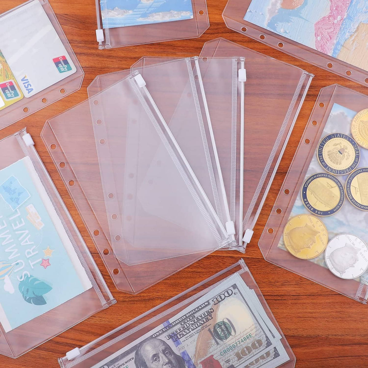 Clear A6 binder cash envelope set with 6-ring holes, holding bills and coins