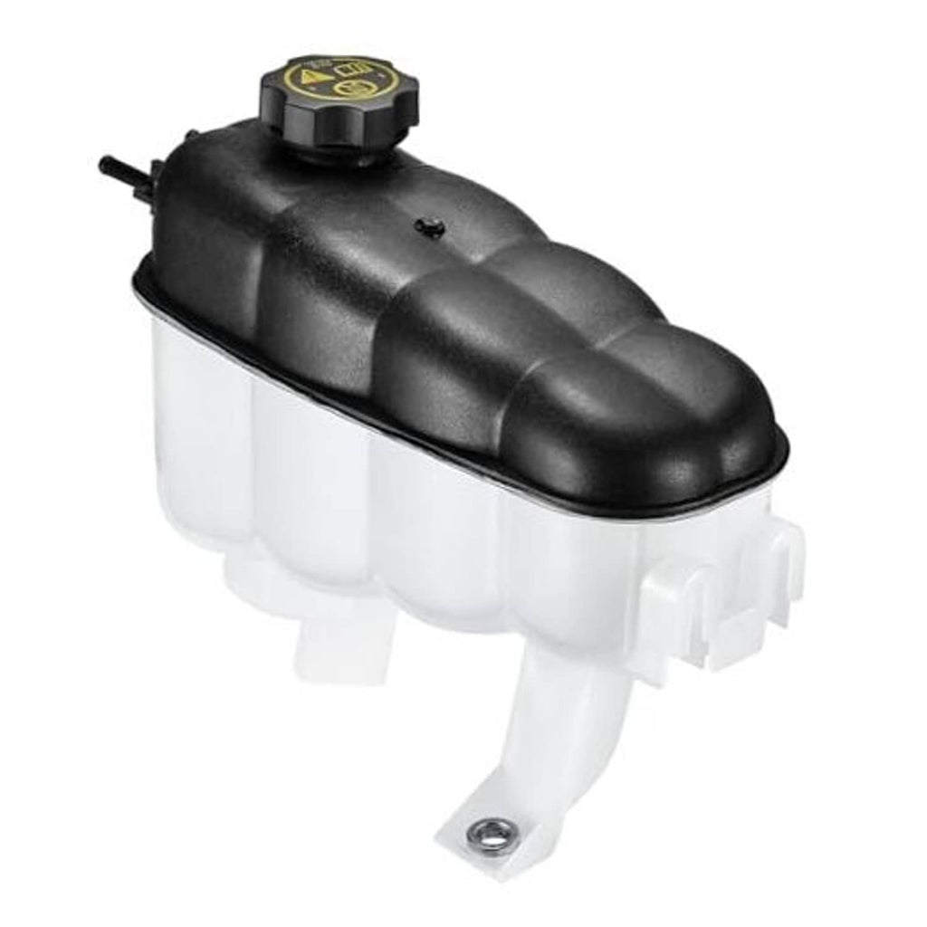 Engine coolant expansion reservoir overflow tank, black cap, translucent white reservoir