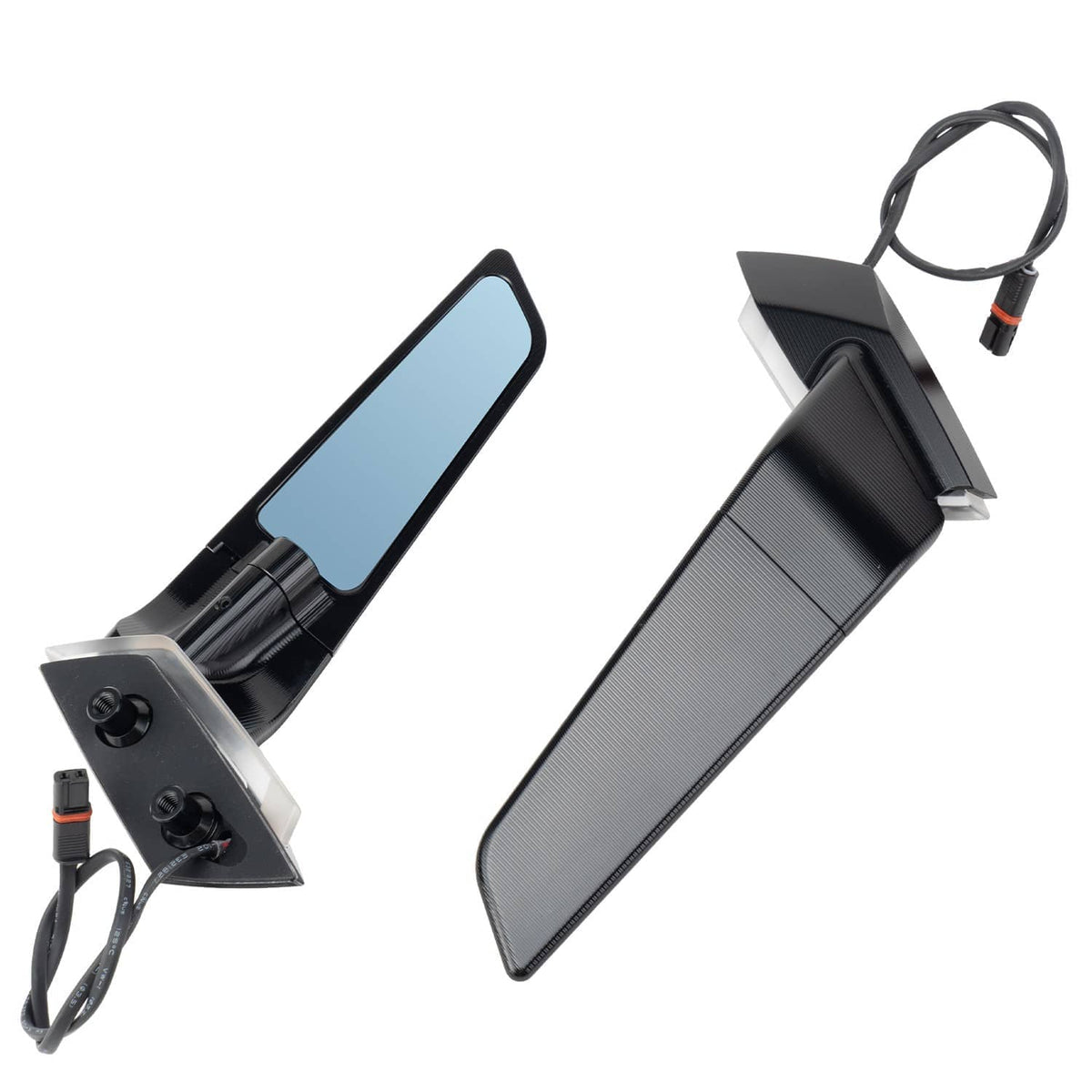 Adjustable rearview side mirror pair with blue tinted lenses, black textured arms, and wires