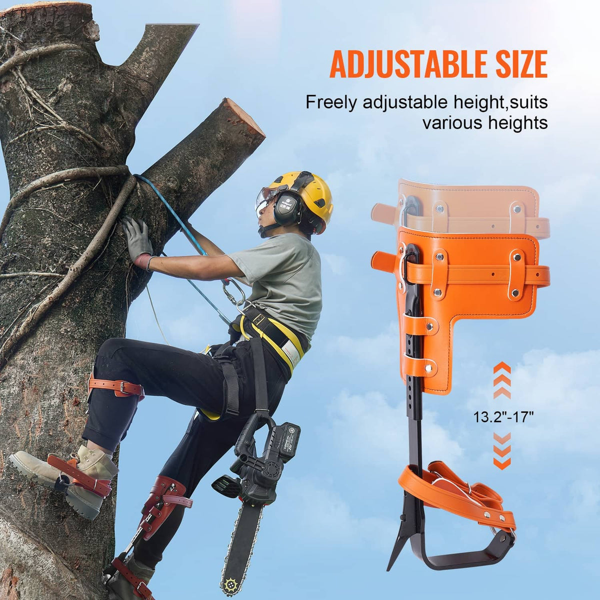 Adjustable height orange-and-black climbing spurs with steel spikes and foot straps