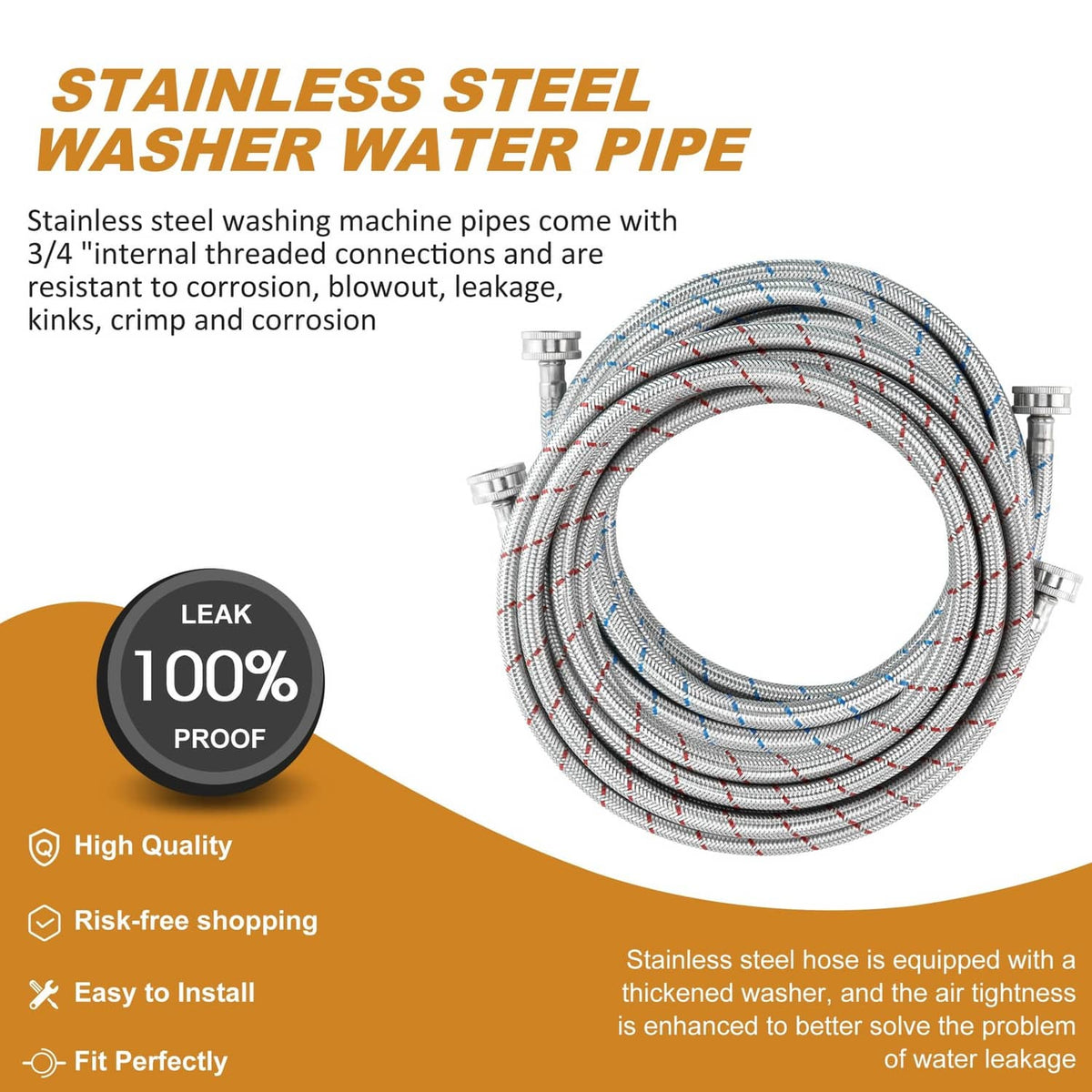 Braided stainless steel washer water hose with brass threaded connectors