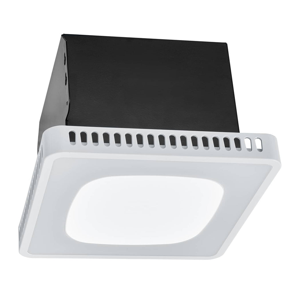 Ceiling bathroom ventilation fan with white housing, dark top cover, and vent grille openings